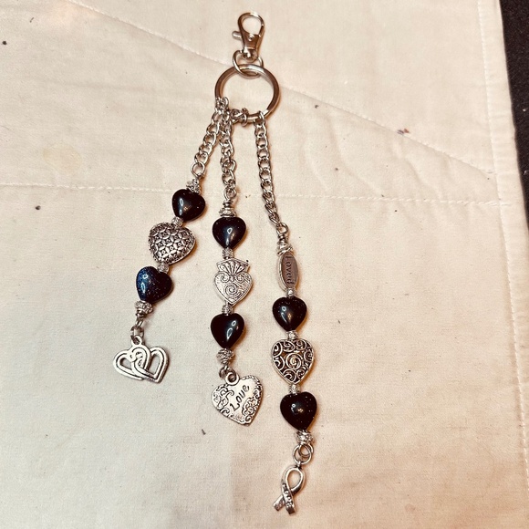 Hand Crafted Accessories - Silver Heart Keychain Bag Charm Glittery Blue Goldstone Hearts & 5 Silver Hearts